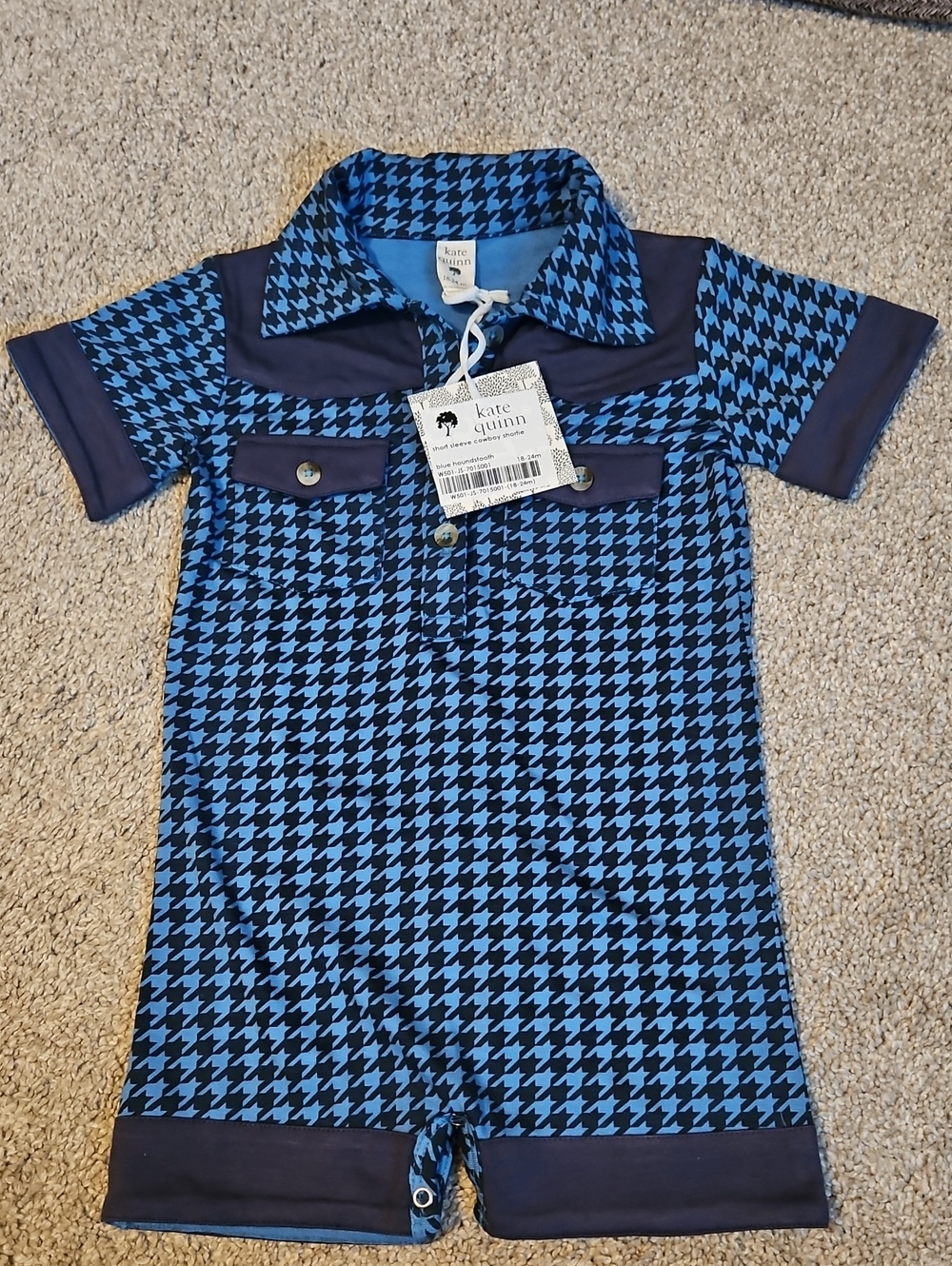 NWT Kate Quinn Blue Houndstooth Bamboo Cowboy Shortie 18-24M